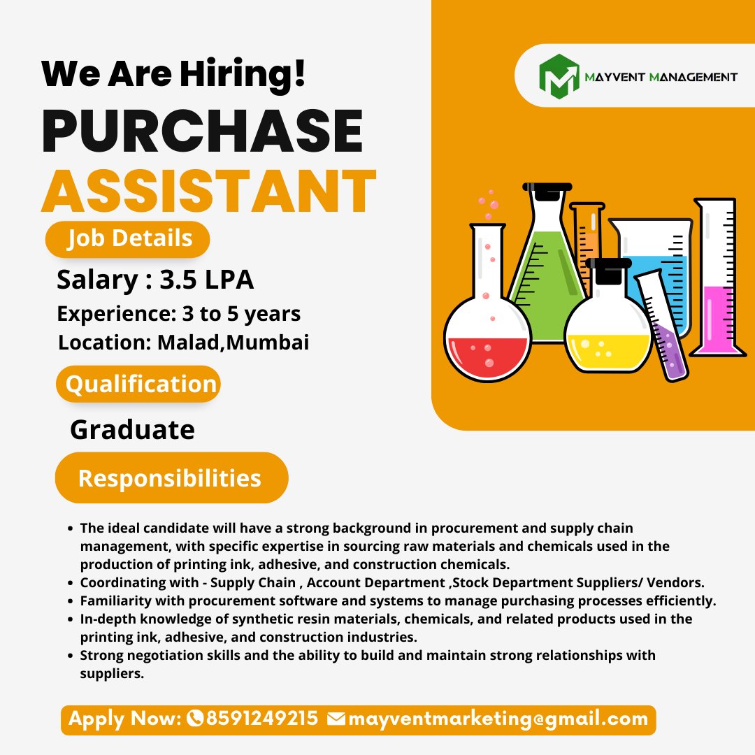 mayvent_pvt's tweet photo. Mayvent Management is hiring for Purchase Assistant
.
.
.
#mayvent #humanresourcemanagement #purchaseassistantjobs #jobsmayvent #masshiring #HR #salescoordinator #graduatejobs #malad #sales #problemsolving #mumbai #salesjobs #jobs #Sap #marketing #mumbai #creativity #jobsearch https://t.co/Wq7yGn55bM
