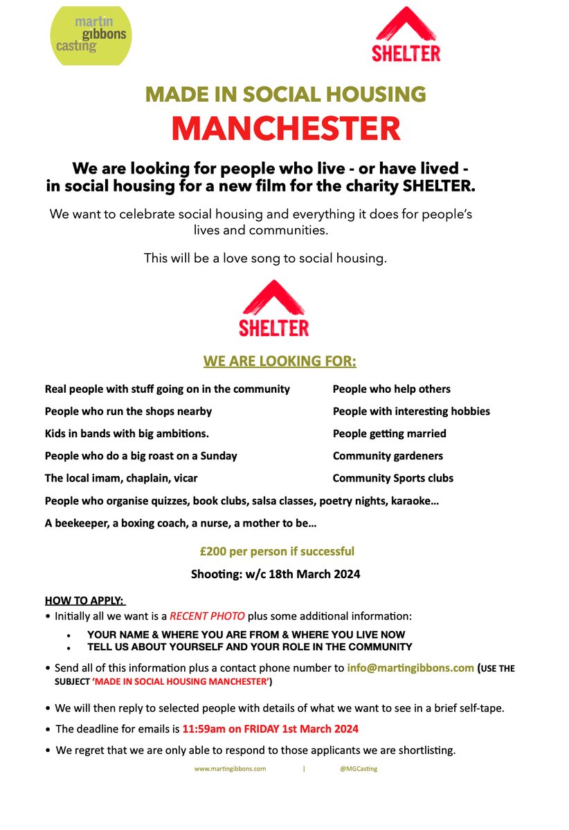 MANCHESTER - LOOKING FOR PEOPLE WHO LIVE (OR HAVE LIVED) IN SOCIAL HOUSING 🏠

Looking for real people to feature in a new film for the charity SHELTER.

Please see attached for further details and how to apply.

#casting
#shelter
#madeinsocialhousing
#socialhousing
#Manchester