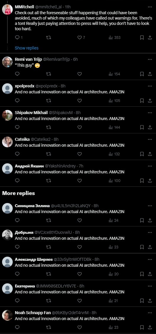 The 'AI ethics people don't do anything useful' is truly a mainstream view in tech. Look at all this totally organic backlash at @mmitchell_ai! 🤣 This platform is dying...