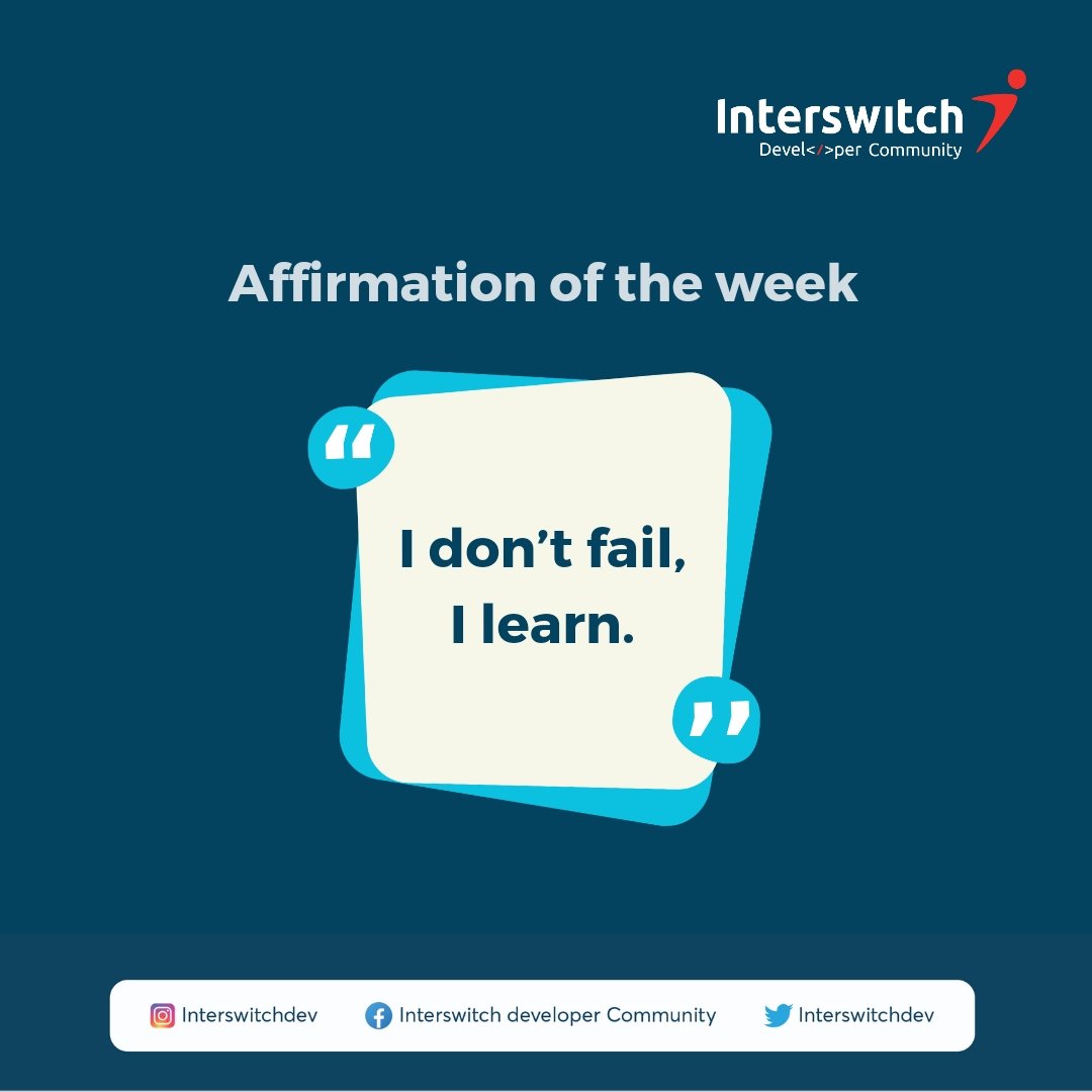 InterswitchDev's tweet image. It's a new week, Devs🎉 as you encounter challenges, remember that they're opportunities to learn and grow.
Wishing you an amazing week!☺️
#InterswitchDeveloperCommunity
#Interswitch