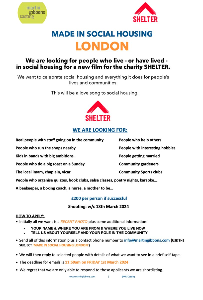 LONDON - LOOKING FOR PEOPLE WHO LIVE (OR HAVE LIVED) IN SOCIAL HOUSING 🏠

Looking for real people to feature in a new film for the charity SHELTER.

Please see attached for further details and how to apply.

#casting
#shelter
#madeinsocialhousing
#socialhousing
#London