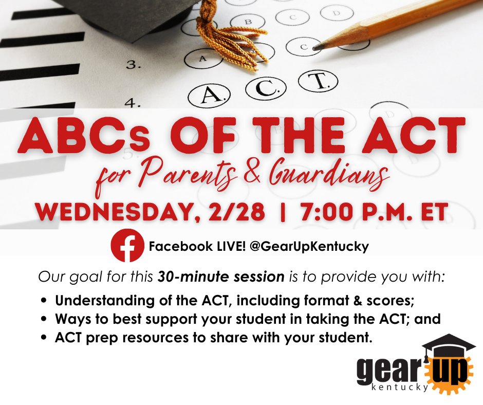 PARENTS/GUARDIANS: Join us Wed. for a 1/2 hour full of info about the ACT! You'll walk away with answers to your Qs, prep resources &amp; tips on how to best support your student as they prep for the test. Hope to see you there! gearupky.tiny.us/ACTFamS <a href="/CPENews/">Kentucky Council on Postsecondary Education</a> <a href="/cpepres/">Dr. Aaron Thompson</a> #GEARUPworks