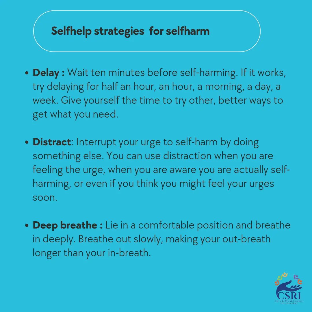 csricentre's tweet photo. The 4 D's of self help in self harm; Delay, Distract, Deep breaths and Divert. With this strategies, you get a moment to pause and reduce risk of self harmingπβ€οΈπ€.
#mentalhealth #selfharm #selfharmrecovery #Equity #SenatorOrwobaExposed #USD5000 #kes #SuicidePrevention https://t.co/SlmkrinktC