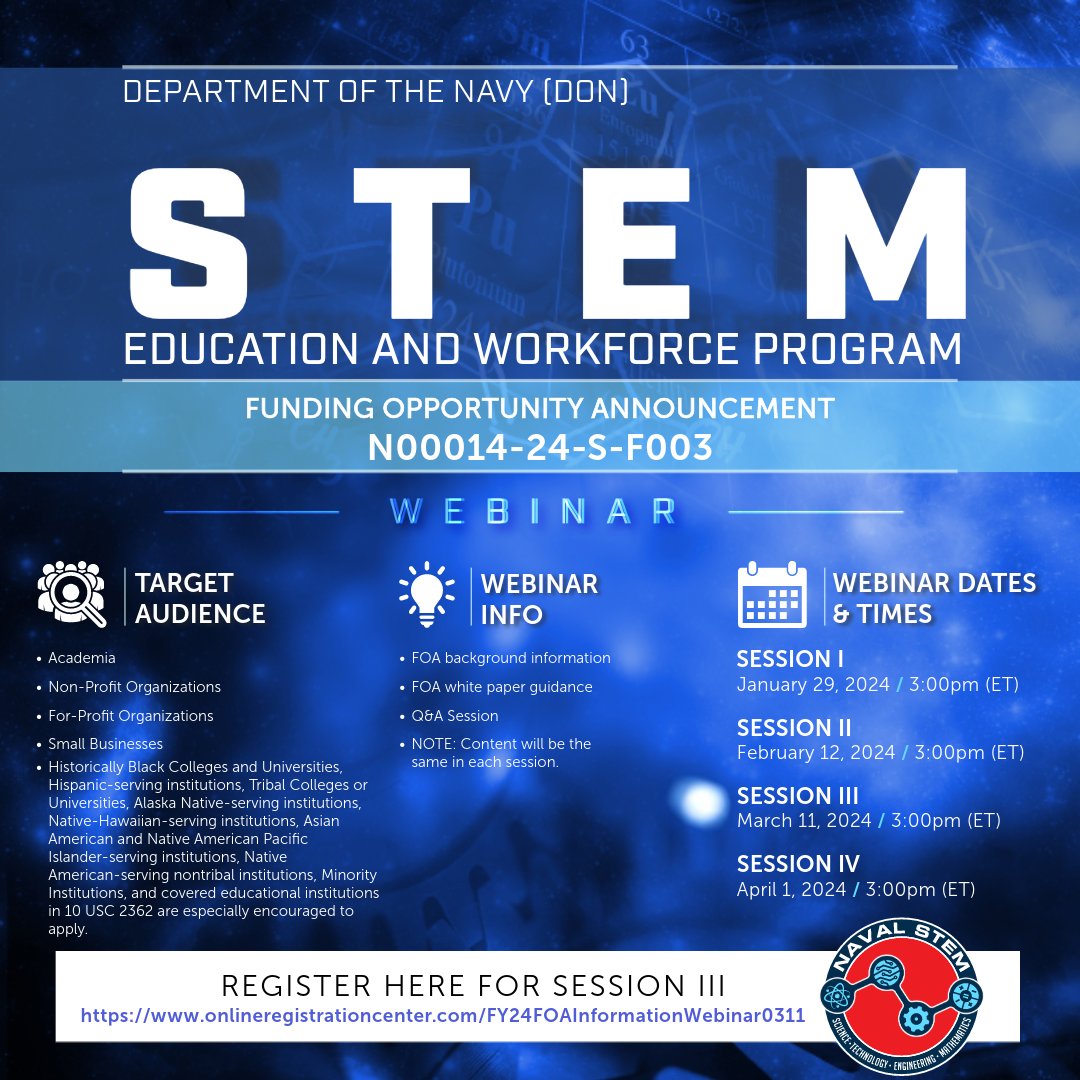 USNavyResearch's tweet image. #NavalSTEM has an active opportunity for high school and college students: #NavalHorizons2024! They're also hosting webinars for their Funding Opportunity Announcement - next one's in March: onlineregistrationcenter.com/register/222/p…