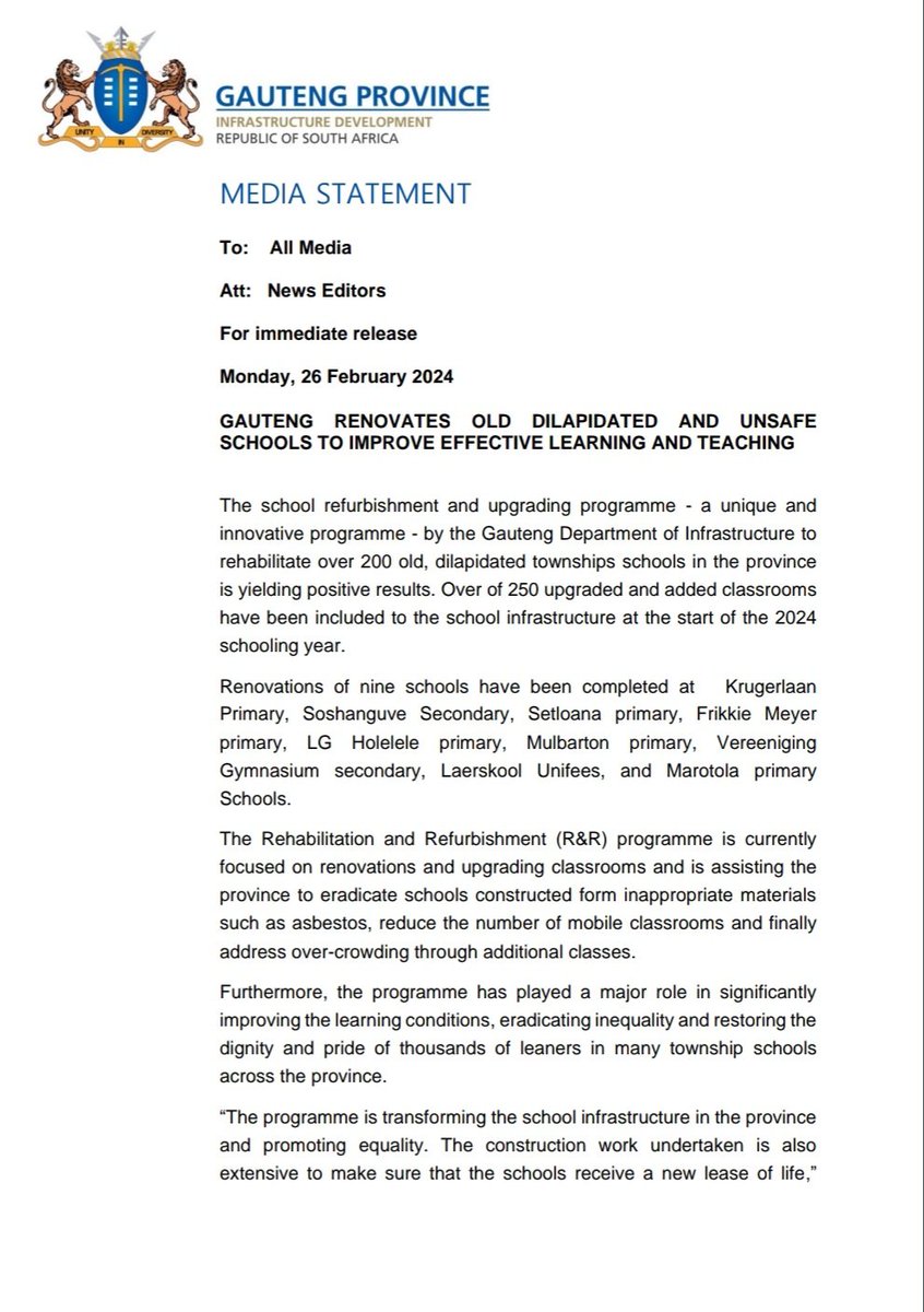 GPDID's tweet photo. MEDIA STATEMENT: DID renovates old dilapidated and unsafe schools to improve effective learning and teaching.
#GrowingGautengTogether
#DIDAtWork https://t.co/YX2vpvHxCl