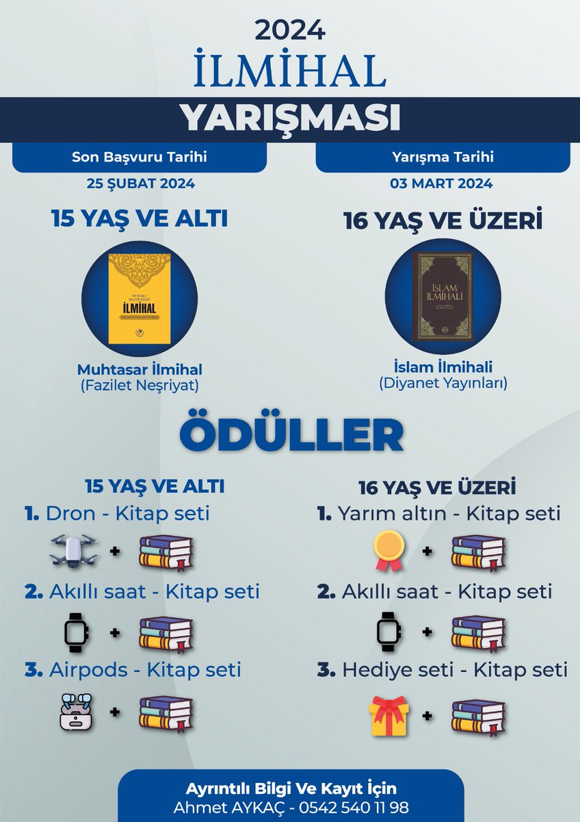 İlmihal yarışmamız ve ödüller...
irtibat: Ahmet Aykaç 542 540 11 98

#ilmihal
#ilmihalyarışması
#kuran
#hadis