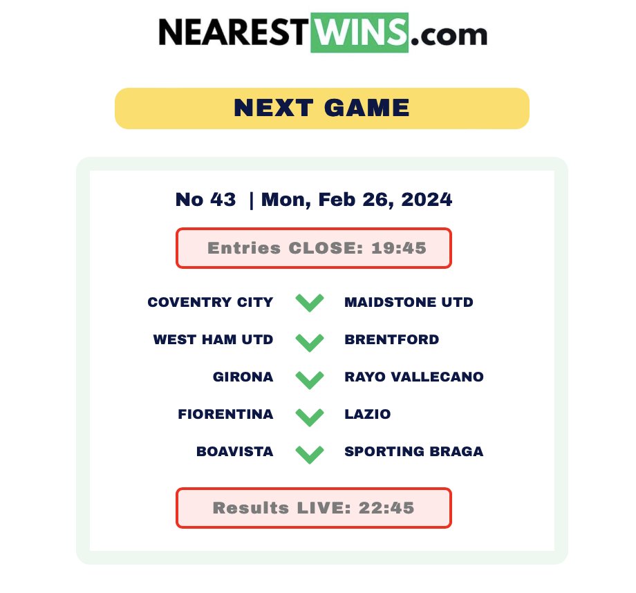 nearest_wins's tweet photo. Today's game #football  fans! #soccerlife #footballgames #coventrycity #maidstoneunited #westhamunited #brentfordfc #GironaFC  #rayovallecano #fiorentinafc #laziofc #boavistafc #sportingbraga #nearestwins PLAY NOW! Link in bio. https://t.co/Y7G55gCZd2