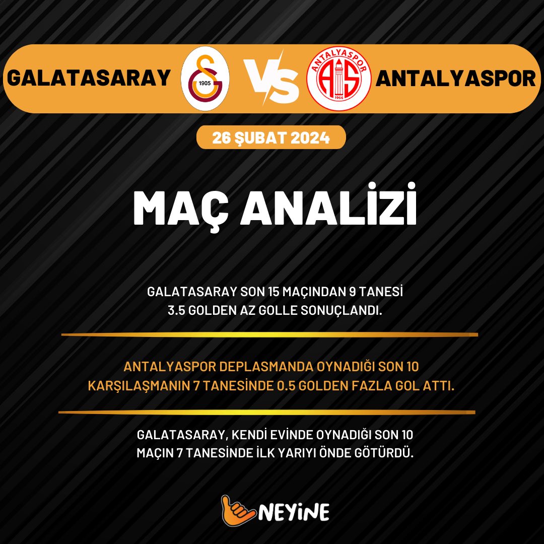 🏆 En Süper Lig'de rekabet dolu karşılaşma ! Galatasaray ile Antalyaspor saat 20:00'da karşılaşacak ! 

🤩 En yüksek oranlı karşılaşmalar için #Neyine'yi seçin ! 

📲 Neyine Giriş: bit.ly/41MmUi2