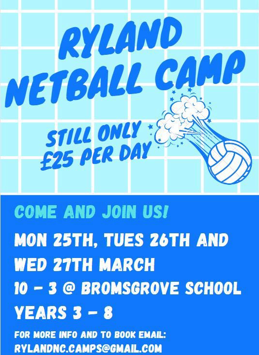 🗓️ DATE FOR THE DIARY 🗓️

Come and join us for our Easter Netball Camp! Open to internal Ryland players as well as anyone else who would like to play a bit of netball too 💙