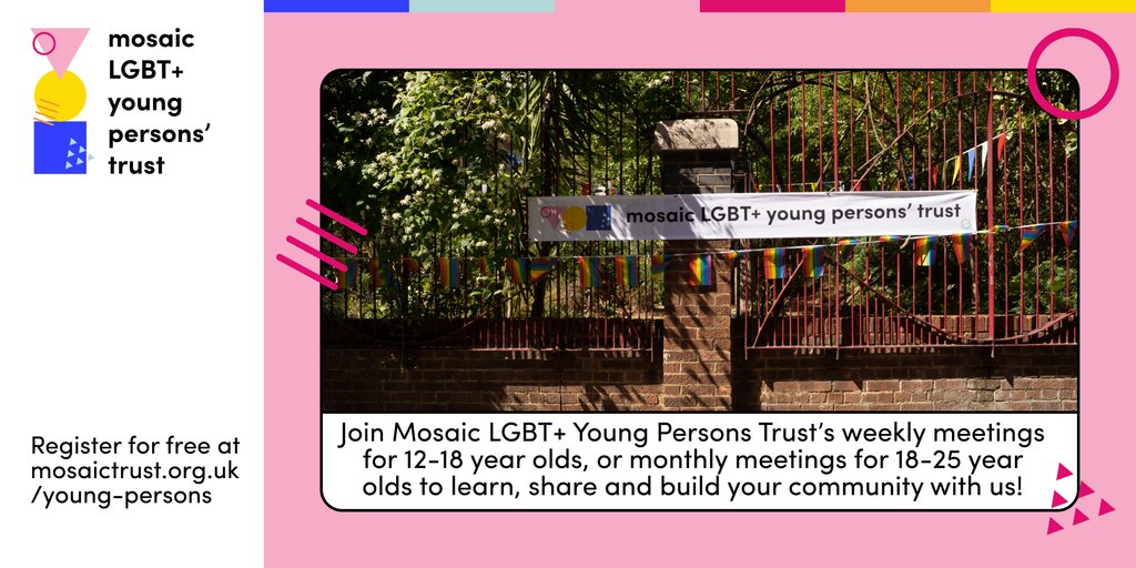 Looking to build your community, meet new friends and take part in fun-packed workshops with LGBT+ persons just like you? Check out @themosaictrust's weekly Young Persons Club meetings for 12-18s and monthly Young Adults gatherings for 18-25s here: 🔗mosaictrust.org.uk/young-persons