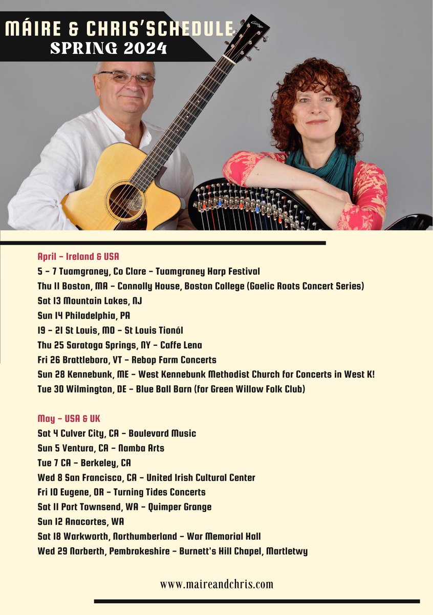 Maire Ni Chathasaigh (@mairenichathasa) on Twitter photo Looking forward to our concerts in Ireland, the USA & the UK in April / May - details and booking links at maireandchris.com/shows2024.html (For all of you kind inquirers, Máire's fractured finger is recovering well - many thanks to all who sent their good wishes!) <a href="/CCIHF/">Cairde na Cruite</a> <a href="/cruiteireann/">Harp Ireland</a> Looking forward to our concerts in Ireland, the USA & the UK in April / May - details and booking links at maireandchris.com/shows2024.html (For all of you kind inquirers, Máire's fractured finger is recovering well - many thanks to all who sent their good wishes!) <a href="/CCIHF/">Cairde na Cruite</a> <a href="/cruiteireann/">Harp Ireland</a>