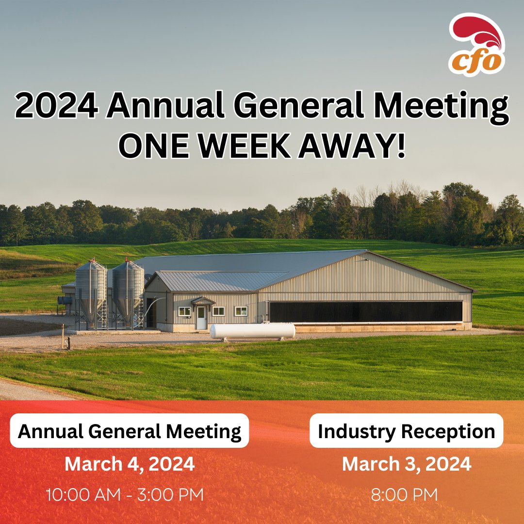 CFO's 2024 Annual General Meeting is one week away! CFO's AGM brings together CFO farmers, industry stakeholders, &amp; gov't officials to discuss the latest news, opportunities, &amp; future of the Ontario chicken industry. Register now: bit.ly/OntarioChicken #CFOAGM24