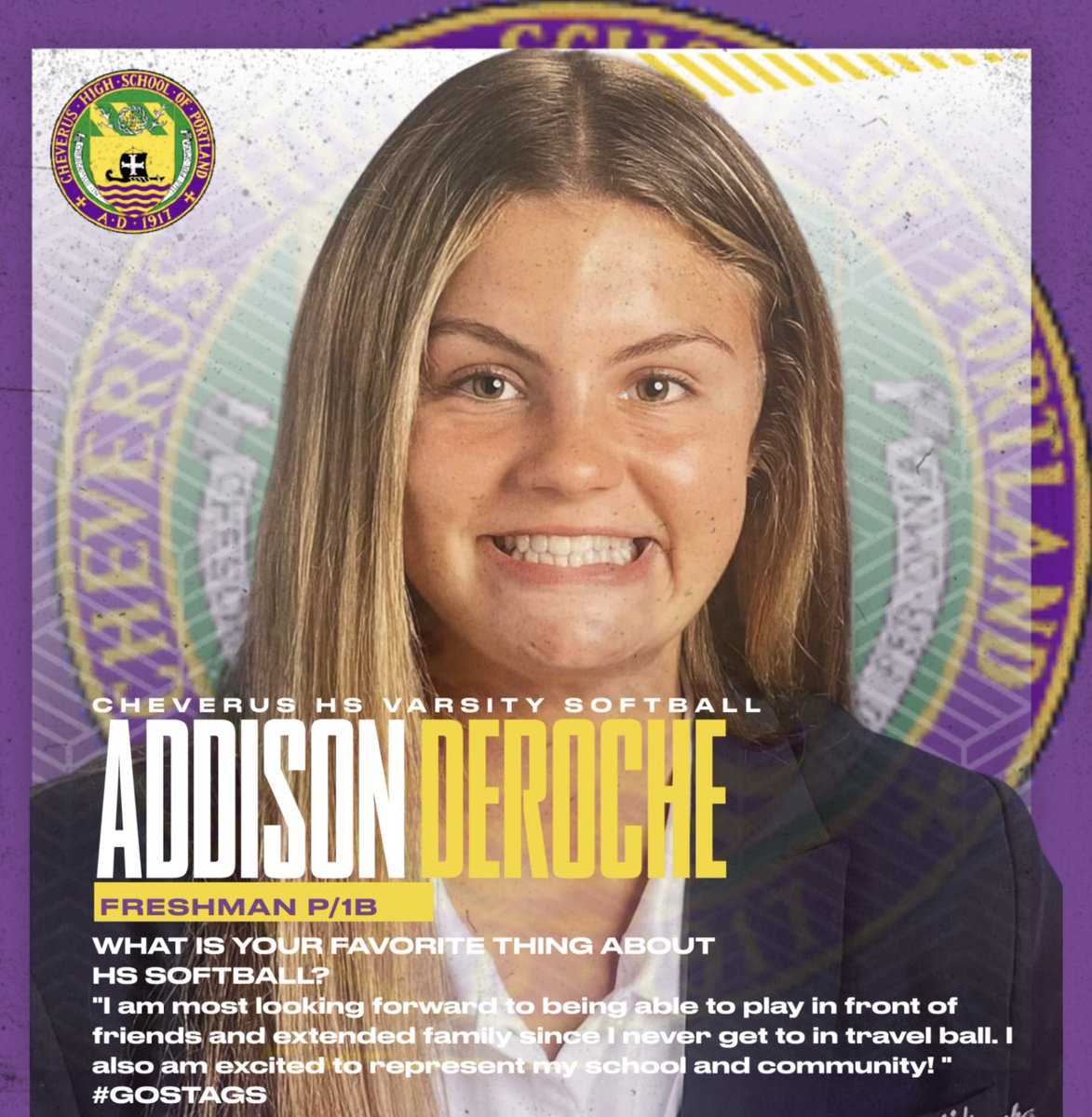 🌟School Ball Spotlight📣 Next we have 2027 @AddisonDeroche from Cheverus High School in Portland, Maine! Addison is starting her freshman campaign soon and we know she is ready to make a statement in the circle! Good luck, Addi! #GoStags 💜💛 @Cheverus_Stags @BSherSB