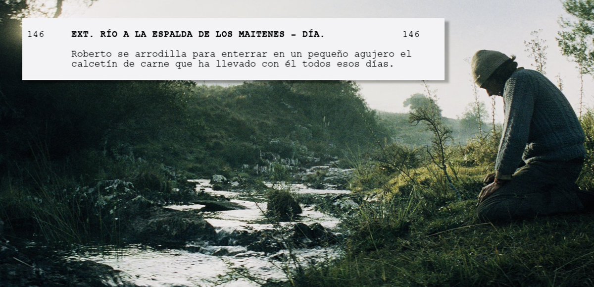 FilmBayona's tweet photo. De la página a la pantalla 

From the page to the screen 

EXT. RIVER BEHIND THE LOS MAITENES TOWN — DAYTIME
Roberto kneels down to bury in a small hole the sock full of meat he has carried with him all these last few days.

#LaSociedadDeLaNieve 
#SocietyoftheSnow https://t.co/7wKNUnrMcw