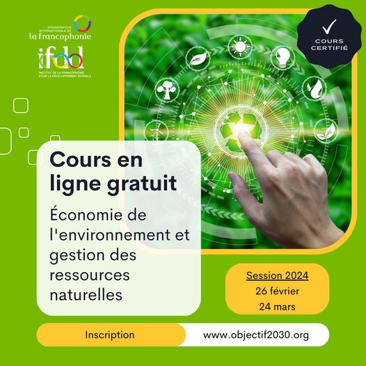 Cours en ligne sur l'Économie de l'environnement et la Gestion des ressources naturelles : ça commence aujourd'hui!
&gt; Pour s'inscrire : objectif2030.org/mooc/eco/
&gt; Pour toutes questions : objectif2030.org/faq/
#OIF #ifdd #developpementdurable #francophonie