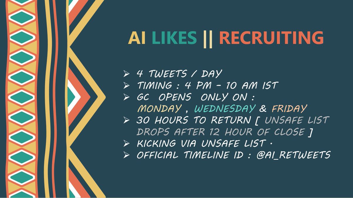 AI_Retweets's tweet image. AI PROMO / PAYOLA IS NOW RECRUITING. 

- Retweet and drop @ to join a promo GDM.

 - All fandom can join.

- Must return all tweets before sending yours in

- Must be following admins @AI_Retweets @magicmoxo

- DO NOT JOIN IF YOU ARE NOT GOING TO BE ACTIVE IN THE CHAT.