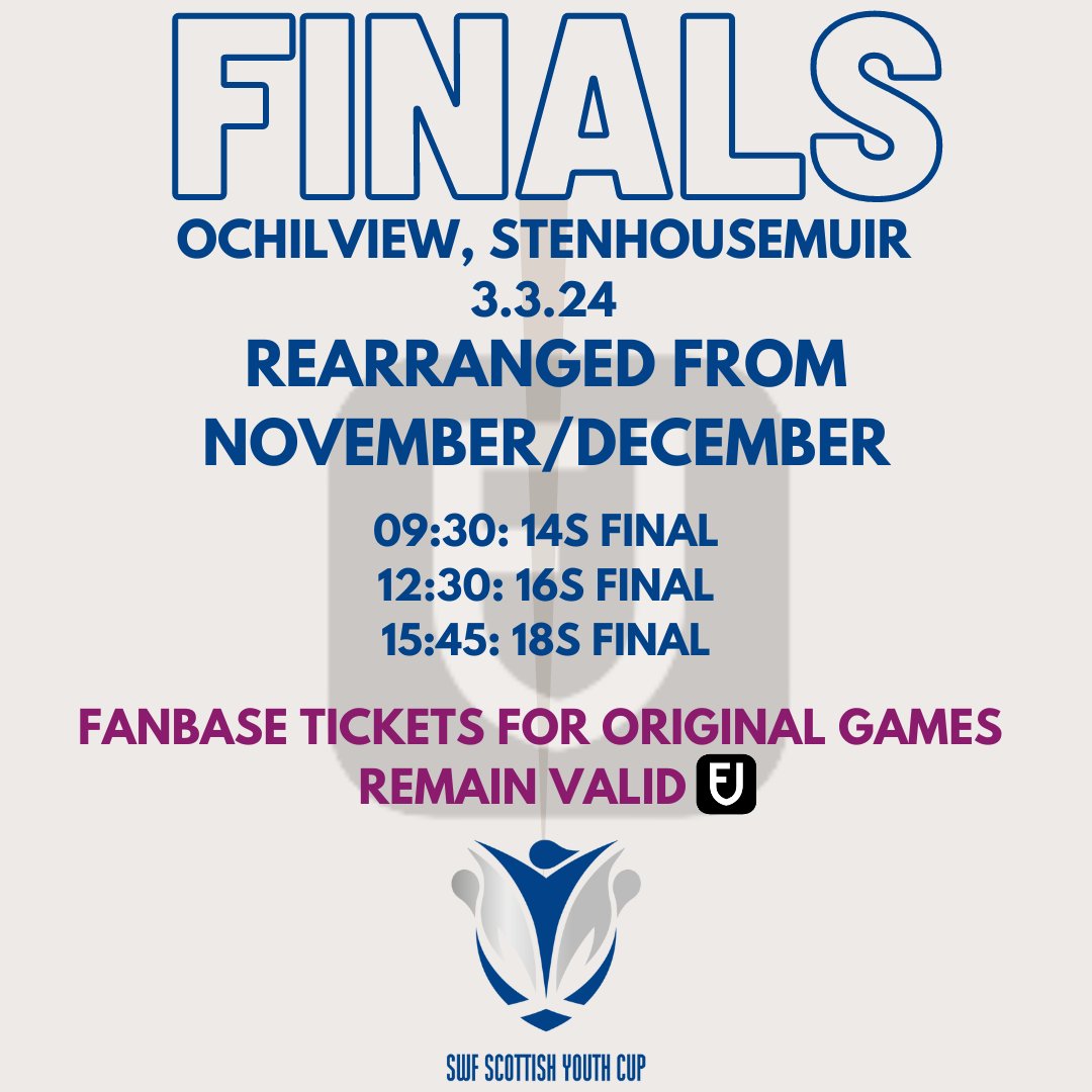 Scottish Women's Youth Cup With all three finals falling foul of the freeze last year, your ticket *will* be valid on Sunday, so don't forget to dig out that old email from Fanbase.