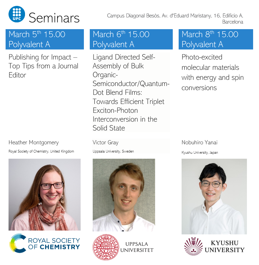 Dear all, we have some emerging science leaders in triplet-state photochemistry visiting the <a href="/KMothPoulsen/">Kasper Moth-Poulsen</a> lab at <a href="/la_UPC/">Universitat Politècnica de Catalunya (UPC)</a> Barcelona in March 2024. 
<a href="/NobuhiroYanai/">Nobuhiro Yanai</a> from Kyushu Univ.
<a href="/DrVic2r/">Victor Gray</a> from Uppsala Univ.
<a href="/Heather/">Heather</a> from RSC 
Feel free to join us to hear about their research