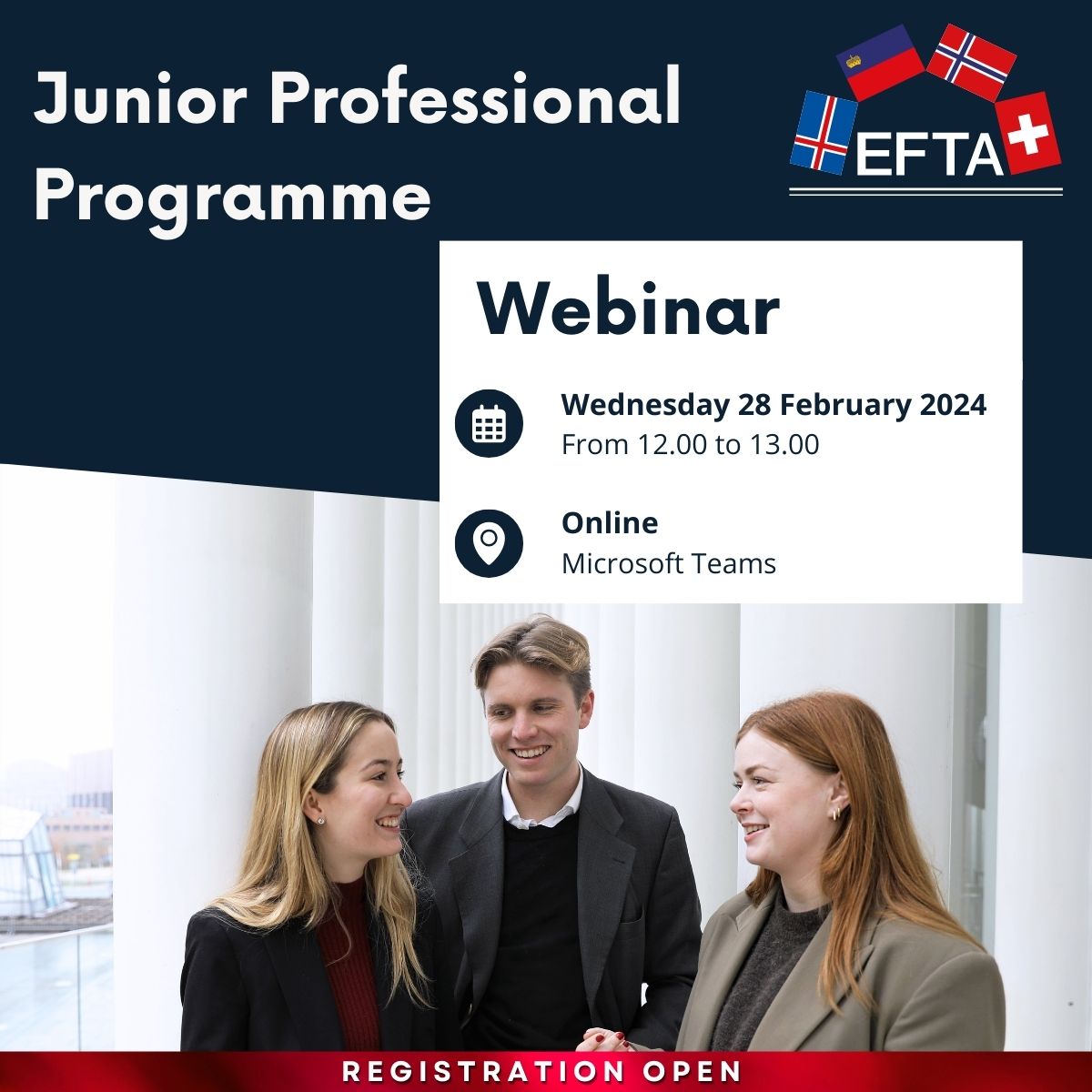 📢Only two days until the JPP Webinar!📢 Join us on Wednesday, 28 February, from 12.00 to 13.00 to learn more about the Junior Professional Programme in #Brussels, #Luxembourg and #Geneva. 🌐Webinar events.teams.microsoft.com/event/96c745c9… 📅Apply for the JPP by 6 March jobs.efta.int/wd/plsql/wd_po…