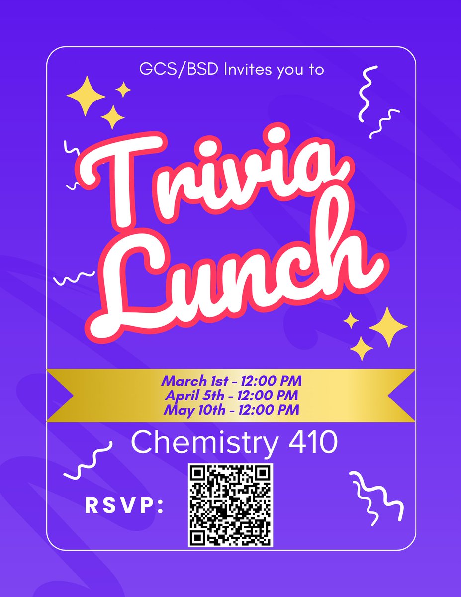 Good morning @StonyBrookChem students! In case you haven’t seen the flyers, we are joint-hosting (with BSD) our first LUNCH TRIVIA! Come out to room 410 this Friday from 12-1pm for food, soda, and trivia! This weeks theme is Women in STEM!