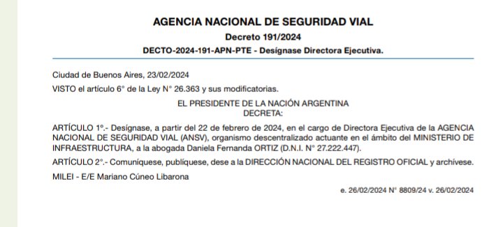 karinwinck's tweet photo. Decreto N° 191/2024
Designación de la Directora Ejecutiva de la Agencia Nacional de Seguridad Vial: Daniela F. Ortiz https://t.co/gJEZ7ln9k5