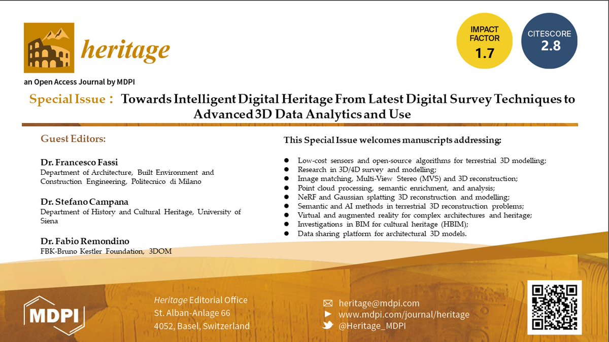 3DSurveyGroup's tweet image. A new @Heritage_MDPI special issue on &quot;Intelligent Digital Heritage: From Latest Digital Survey Techniques to Advanced 3D Data Analytics and Use&quot;. #CulturalHeritage #3DModeling #LaserScanner #AR #pointclouds #HBIM mdpi.com/journal/herita…… Contact
@3DSurveyGroup
@3DOMFBK