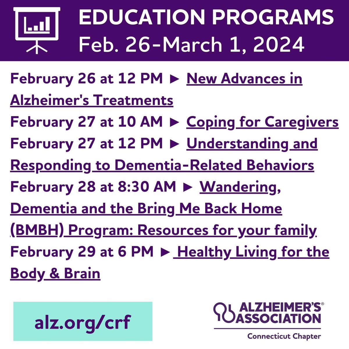 Monday Monday! Here are some programs for you this week. Join us by going to alz.org/crf or by calling 1.800.272.3900