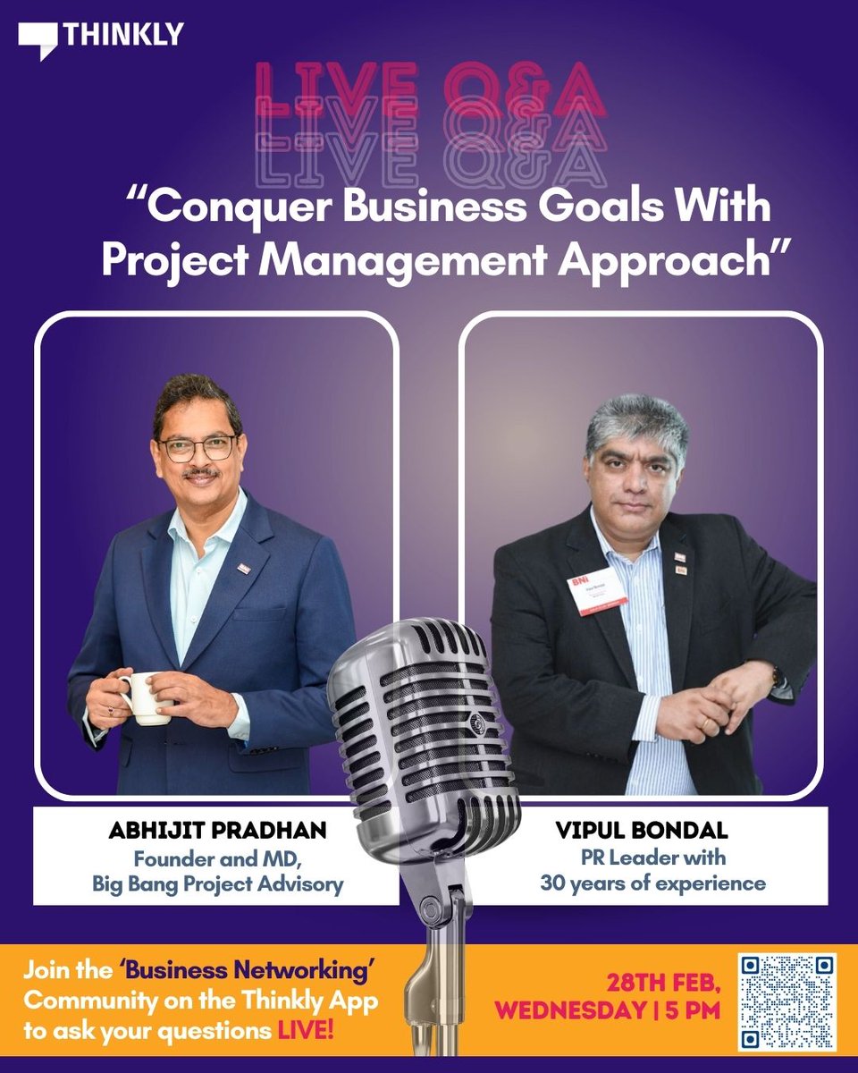 mythinkly's tweet image. Join us on Feb 28th at 5 PM as Abhijit Pradhan and Vipul Bindal delve into the intricacies of conquering business goals through effective project management. 🗓️

Only on Thinkly Communities! 💯
#thinkly #thinklytalks #ama #askmeanything #business #projectmanagement