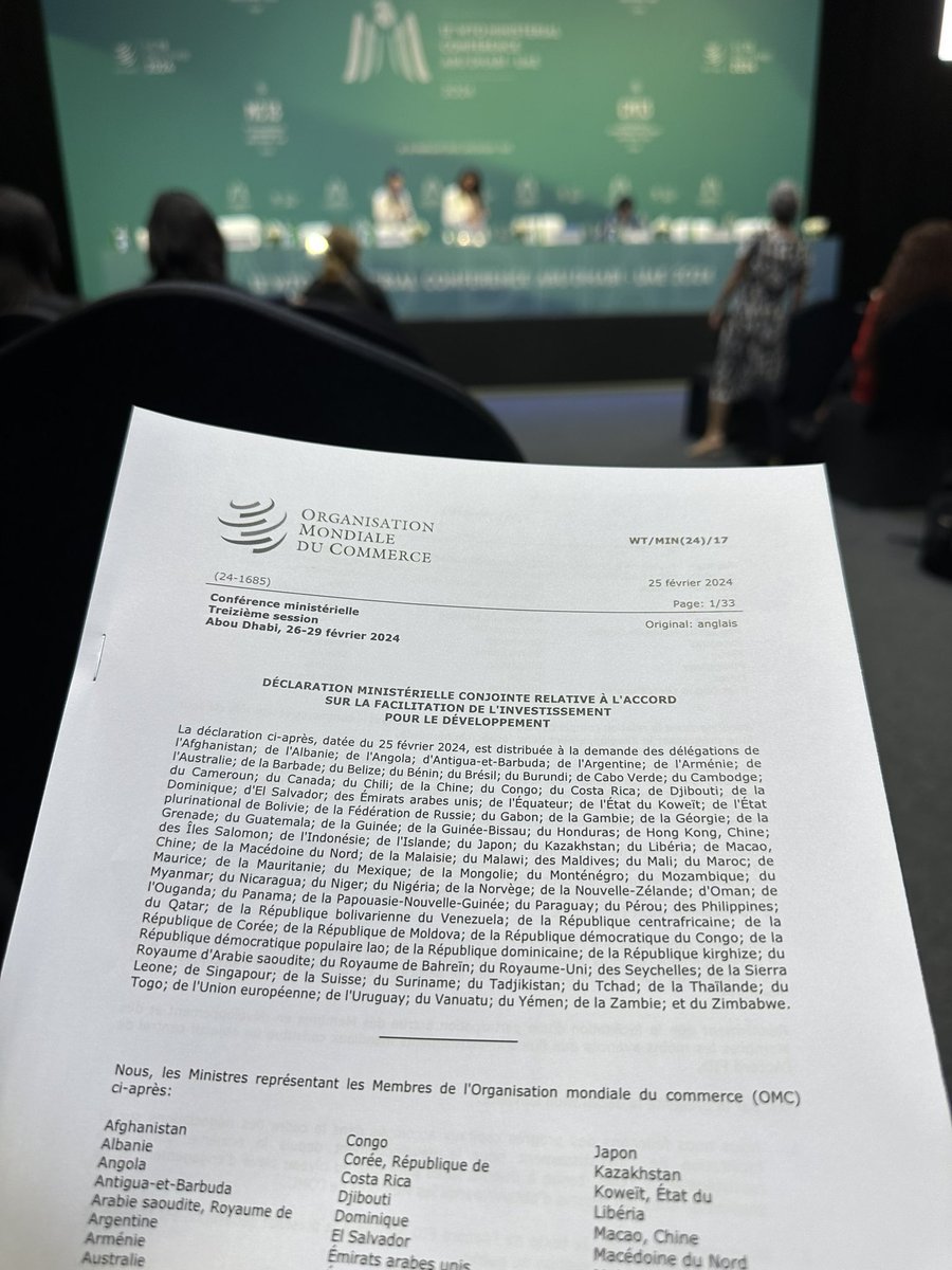 GreenTradeNet's tweet photo. Our co-ordinator @pierre_leturcq is attending the #WTOMC13AbuDhabi #PressConference, detailing the plurilateral agreement signed by 3/4 of @wto members on Investment Facilitation for Devpt (IFD). https://t.co/j4nHQs0WSz