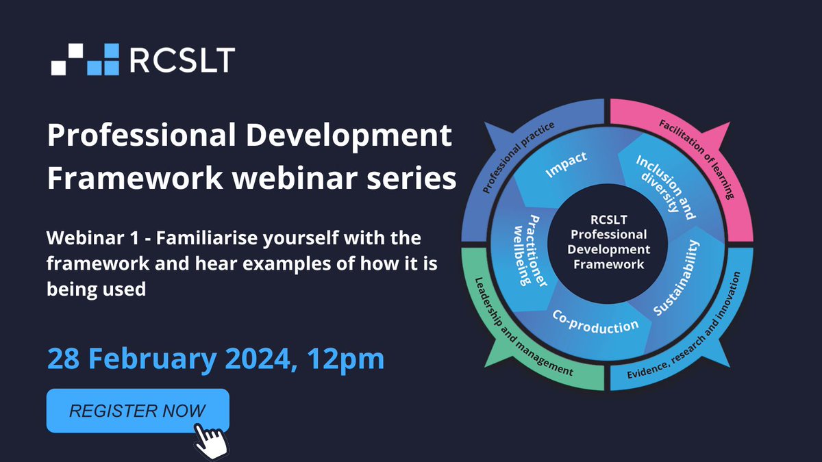 Don’t miss out! Secure your place at our webinar on 28 Feb to find out how the #RCSLTProfDevframework can help you. And don’t forget to secure your spot at the other webinars too!  rcslt.info/3O0qnow

#SLPeeps #WeSpeechies #NMAHPs #cpd4slts #healthcareer