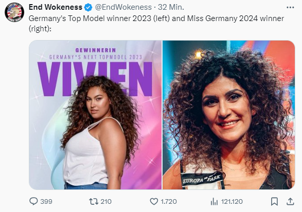 Aha. Das Abendland geht wieder mal unter, wegen woke. Ein schwer sexistischer Shitstorm läuft gerade wegen der Miss Germany 2024. Die sieht doch nicht aus wie eine Miss Germany auszusehen hat! Schuld sind sicher die WOKEN! Dabei wären die Fakten leicht zu recherchieren. (Thread)
