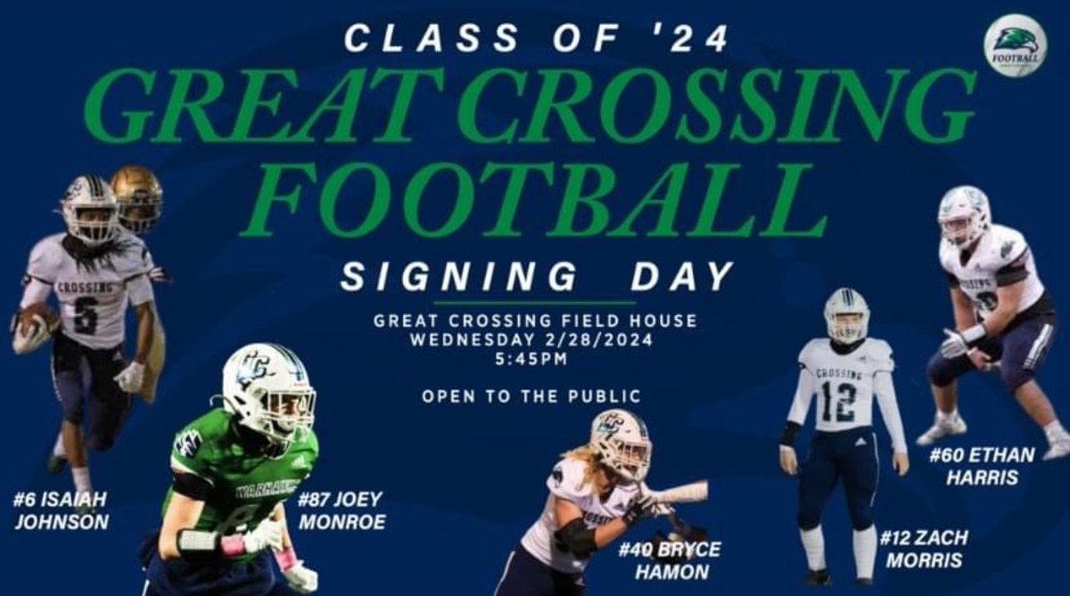 I will be signing my letter of intent to <a href="/GoKnightsFB/">KCU Football</a> this Wednesday at 5:45 in the Great Crossing Field House! So thankful to be able to play at the next level. <a href="/HamonBr/">Bryce Hamon</a> <a href="/JIsaiahJohnson1/">Isaiah “SMOKE” Johnson</a> <a href="/Joeymonroe_1/">Joey Monroe</a> <a href="/zachmorris1212/">Zach Morris</a> <a href="/CoachBowling_GC/">Ricky L. Bowling</a>