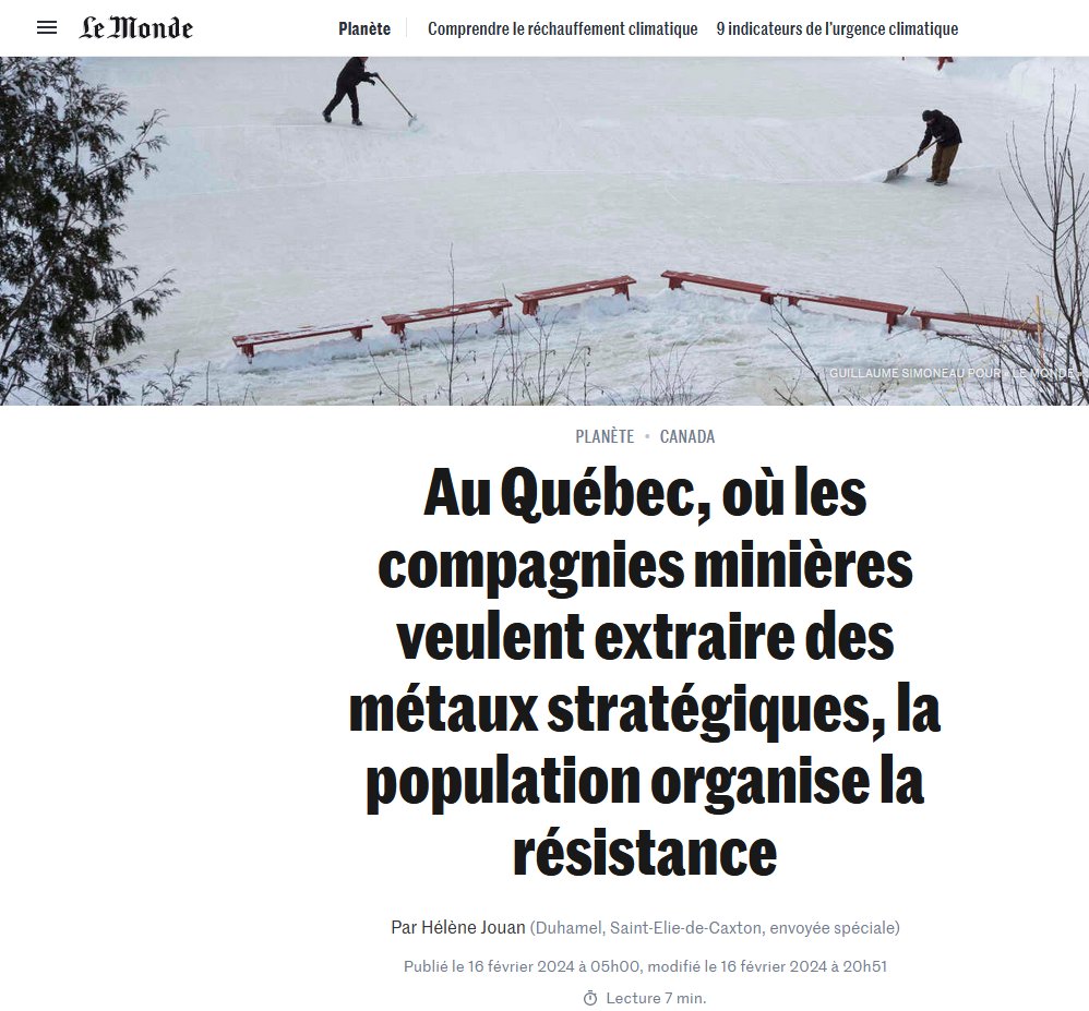 teinturs's tweet photo. @lnjouan , correspondante @lemondefr à Montréal, poursuit ses articles et enquêtes passionnants sur le #Canada, et le #Québec en particulier.
Ici : à Saint-Élie-de-Caxton, sur les tensions grandissantes entre les politiques des claims et l'extraction #minière https://t.co/CyWcd3So0p