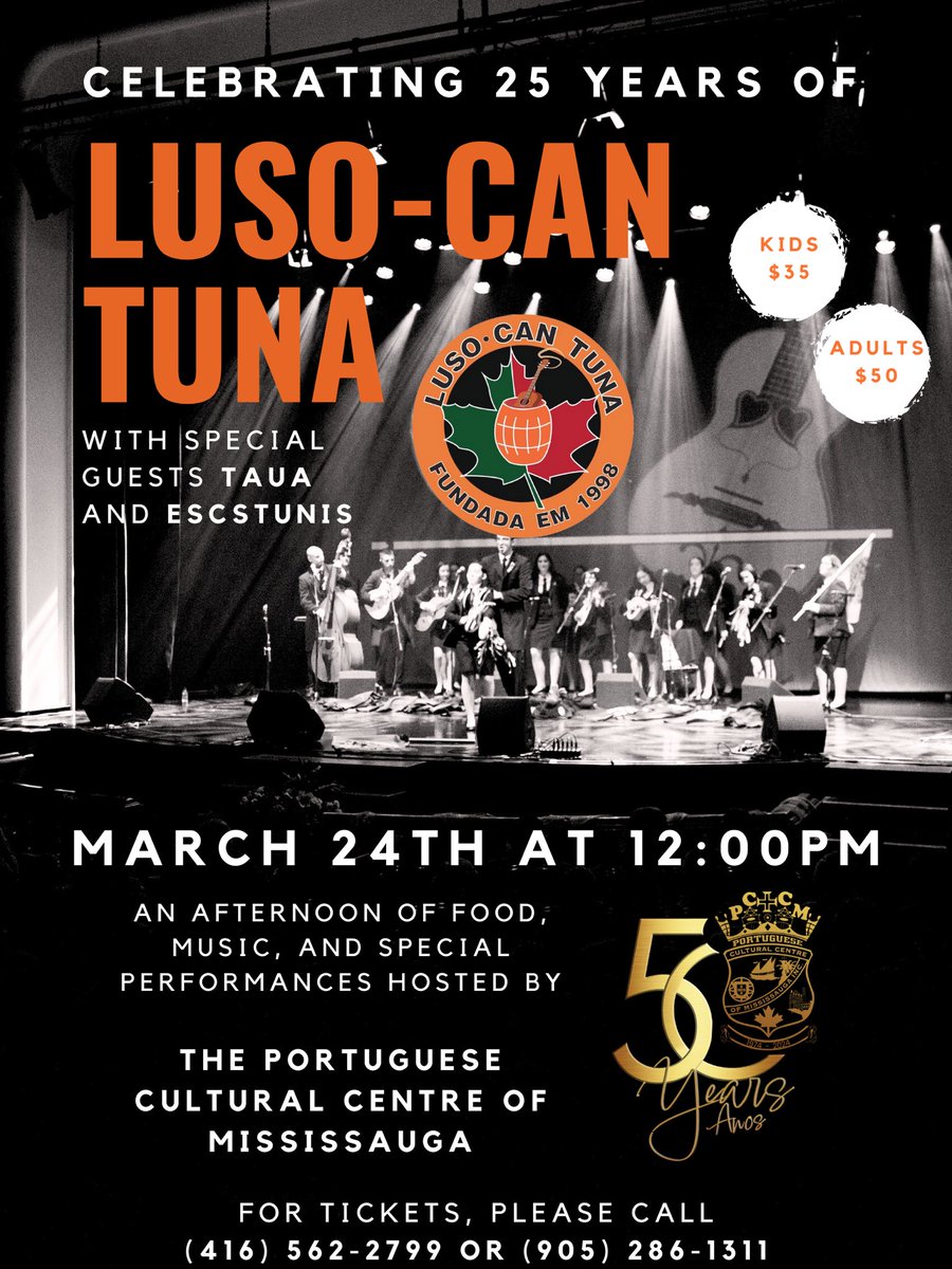 Join us in celebrating our 25th Anniversary at PCCM! Enjoy a lunch and show featuring TAUA, escstunis, and of course Luso-Can Tuna.

#portugueseintoronto #tuna #estudantina #vidadeestudante #padinhas #lusocantuna
#lusocanadian #portuguesecanadian #portuguesespelomundo