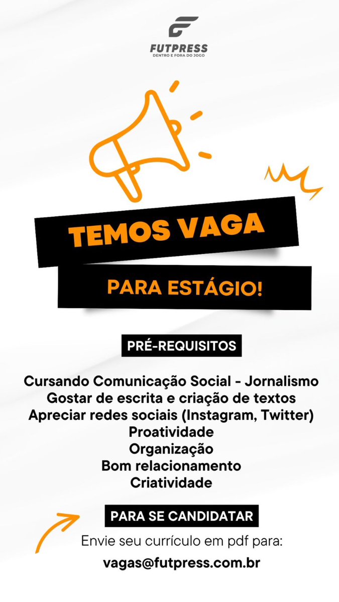 Quer um estágio na área de esportes? Futebol? Venha estar por #DentroEForaDoJogo.

Enviar currículo para: vagas@futpress.com.br