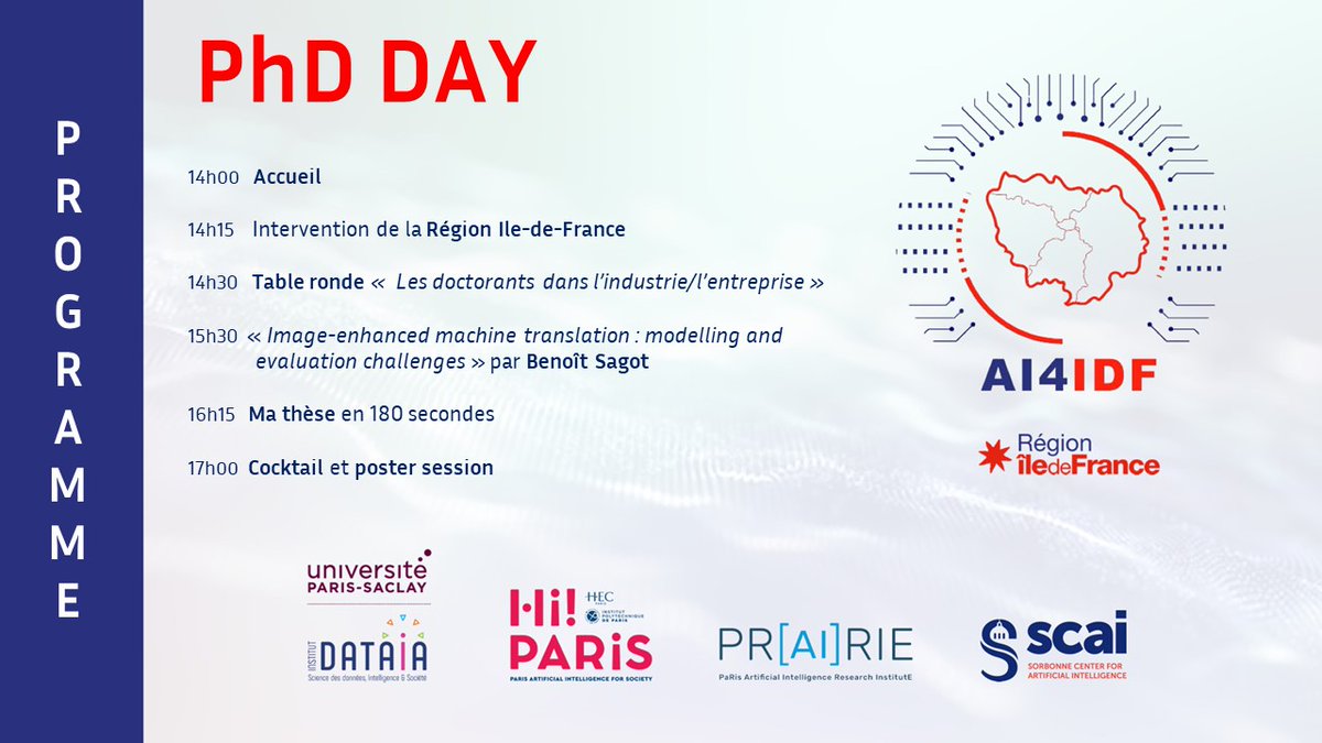 [PhD Day DIM AI4IDF] Programme dévoilé 📣 ▶ N'oubliez pas de vous inscrire avant le 1er mars evento.renater.fr/survey/inscrip… 📆 RDV le 5 mars dès 14h au Centre Inria de Paris