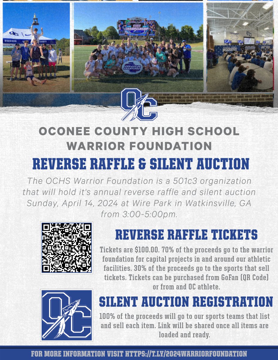 It is time to purchase your ticket to the Warrior Foundation Reverse Raffle to help support OCHS! The drawing for a chance to win $10,000 will be held on 4.14.24. You can purchase on the QR code below, from any warrior student-athlete, or at gofan.co/app/school/GA5…