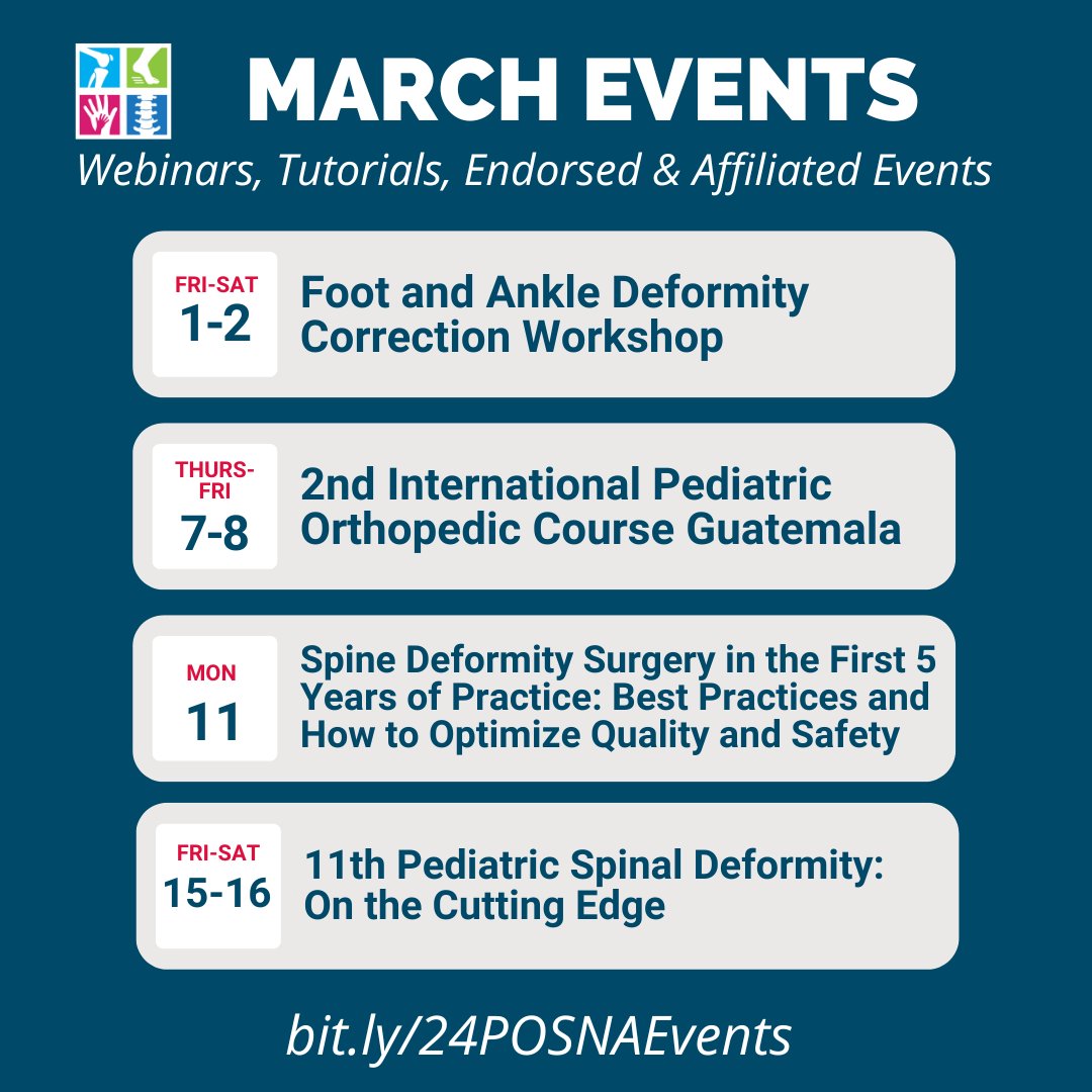 View the upcoming March events. Full event calendar: bit.ly/24POSNAevents #posna #pediatricorthopaedics #march #webinar