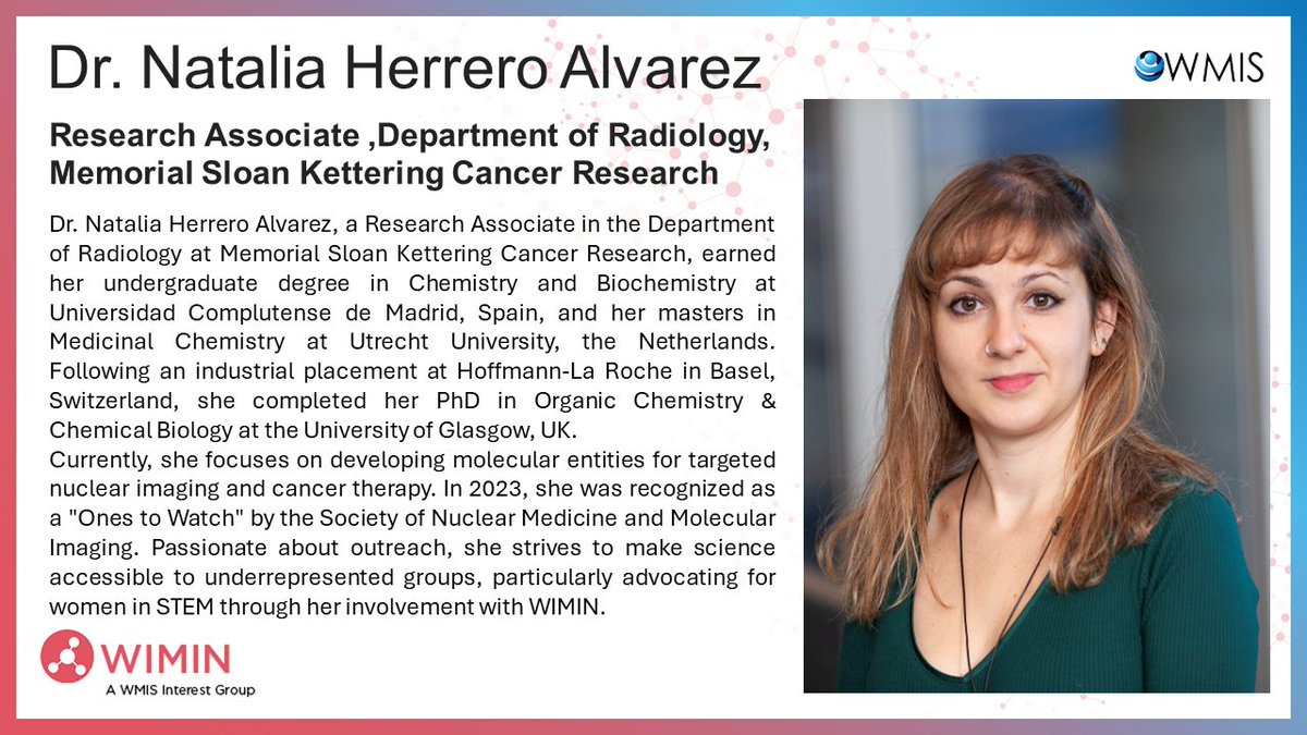 Excited to welcome Dr. Natalia Herrero Alvarez, a Research Associate at Memorial Sloan Kettering Cancer Research, to WIMIN! With expertise in Cancer Research and Nuclear Imaging, Natalia is passionate about STEM diversity and science outreach. #NewMember #WIMIN #STEMDiversity