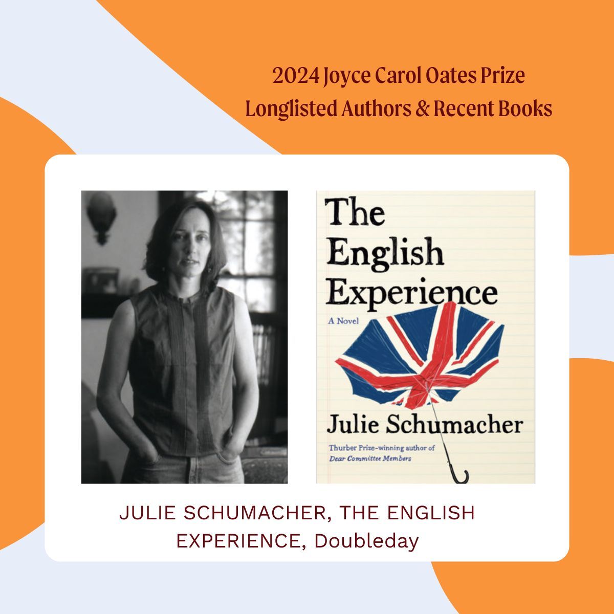 Congratulations to Julie Shumacher. Kirkus Reviews calls The English Experience, the final book in her trilogy, 'a satirical recipe that manages to turn sour, mismatched ingredients into something feather-light, affable, and sweet.'