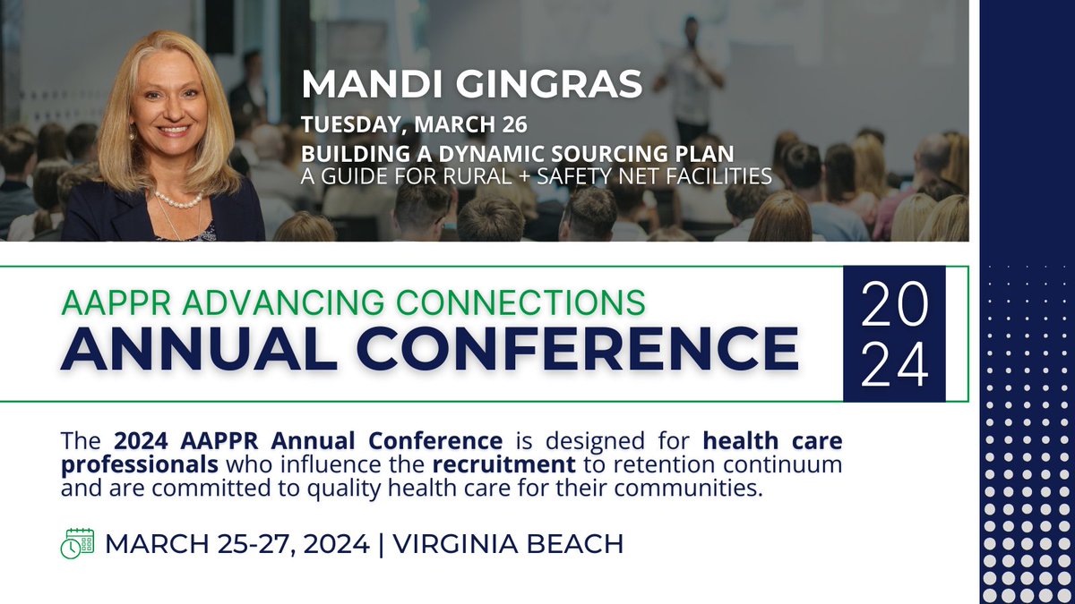 In ONE MONTH, @theAAPPR  is hosting their Annual #Conference in Virginia Beach, VA! 🎉 Our Director for Education, Mandi Gingras, will also be hosting a breakout session on March 26th about building a dynamic sourcing plan. Register here🔗: rb.gy/nbnz16