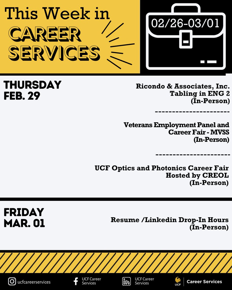 🎇This Week in Career Services: 02/05-02/11🎇
Take a look at what happening this week! 👀
Check out handshake to learn more and register!👏
-
#job #career #ucfcareerservices #UCFsocial #orlando #ucf #ucf2024 #2024 #goknights #florida #internship #resume #springsemester #spring