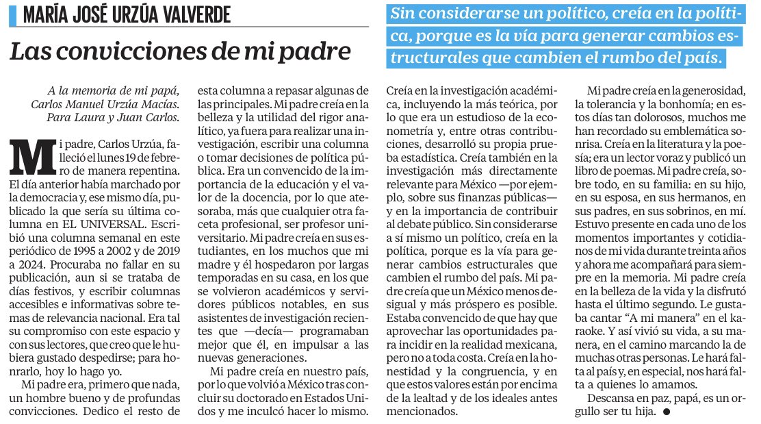 Mi papá, Carlos Urzúa, falleció el lunes pasado. Una de sus últimas acciones fue compartir su columna de El Universal. Hoy ocupo su espacio de los lunes para despedirlo y homenajearlo.

Gracias a <a href="/apontedavid/">David Aponte</a> por permitírmelo.

Descansa en paz, papá, es un orgullo ser tu hija. 🤍