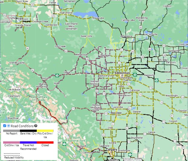 Hwys through north and central Alberta are reported as partly covered or covered snow after a period of heavy snowfall. Maintenance crews are active; allow them room to work safely. Plan for extra travel time, or delay travel until conditions improve. (7:03am) #ABRoads #ABStorm