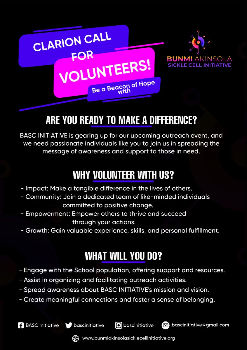 📣 Call for Volunteers! 🌟

Join Bunmi Akinsola Sickle Cell Initiative in making a difference! We're seeking passionate volunteers to support our mission. Check out our flyers for more details and be a part of something meaningful! #VolunteerWithPurpose 🤝🌍#SickleCellAwarenes