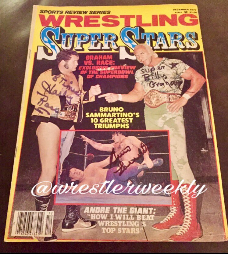 wrestlerweekly's tweet photo. WRESTLER WEEKLY #wwMondayMagMemorabilia celebrates this TRIPLE SIGNED by #HarleyRace #SuperstarBillyGraham #BrunoSammartino edition of the Wrestling Super Stars December 1977 is a #HotMag! #SR https://t.co/Eu2GasJFzK