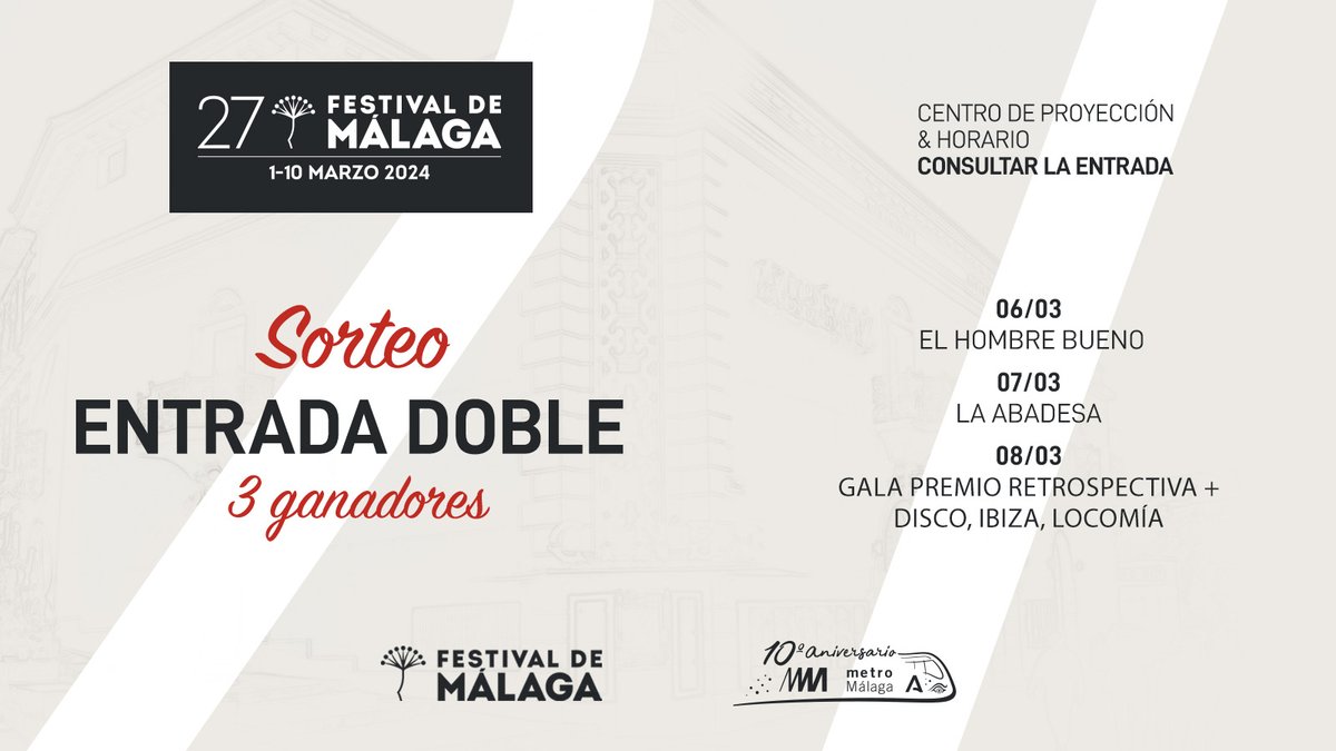 metromlgoficial's tweet image. Metro de Málaga te lleva al centro a disfrutar del @festivalmalaga, del 1 al 10 de Marzo.

Participa en el sorteo de 3 entradas dobles, una para cada día del 6 al 8 de Marzo. Habrá 3 ganadores y no se podrán elegir las entradas, serán adjudicadas por orden tras la resolución del…