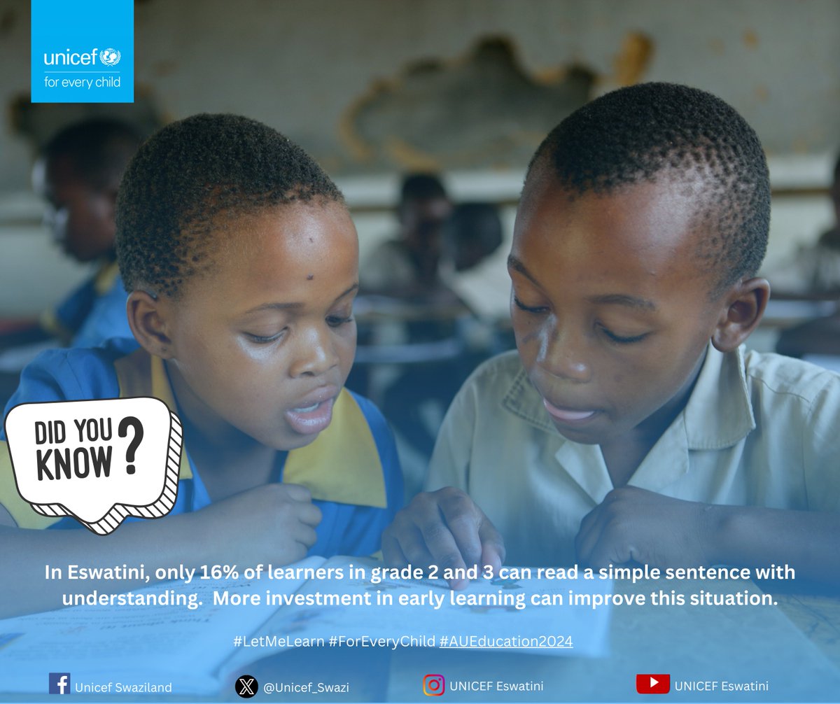 In Eswatini, only 16% of learners in grade 2 and 3 can read a simple sentence with understanding. More investment in early #learning can improve this situation. #LetMeLearn #ForEveryChild #aueducation2024