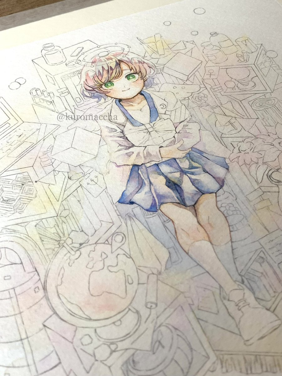 1girl solo skirt green eyes short hair smile socks  illustration images