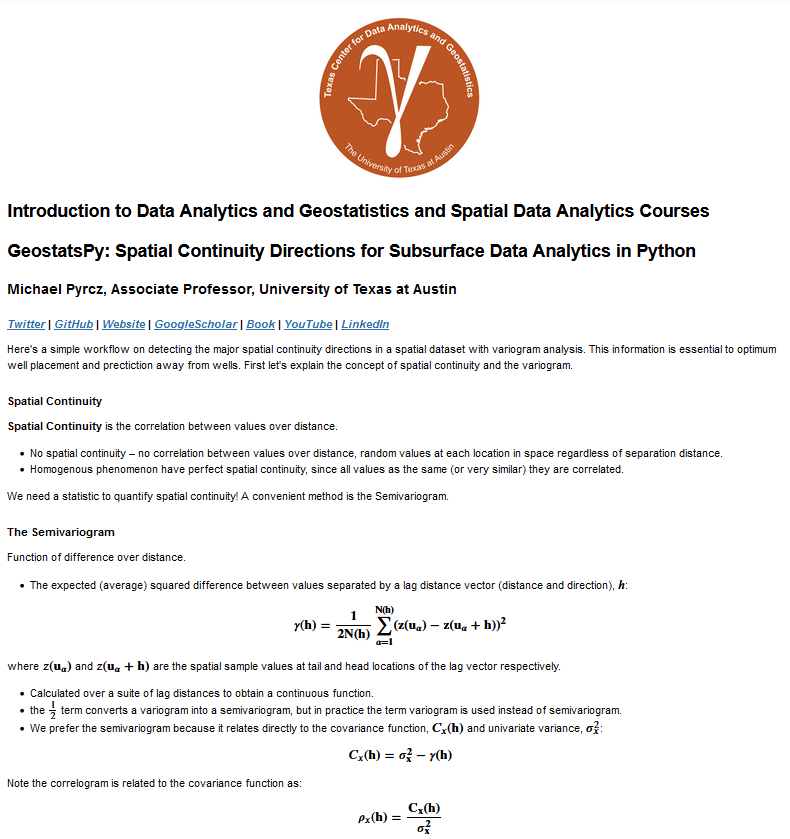 GeostatsGuy's tweet photo. To support my students, I wrote a #Python package for #spatial #DataAnalytics & #geostatistics, #GeostatsPy, and to help them use it I also built out many well-documented demonstration workflows!

Here's an example for spatial continuity, I take a realistic dataset, Gaussian transform, calculate directional variograms & a variogram map!

I share it on #GitHub at https://t.co/Z9nCBQn05g ∀. #DataScience